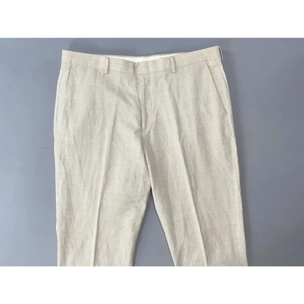 J Crew Ludlow Flat Front Baird McNutt Irish Linen Blend Pants. Ivory Plaid 35X30